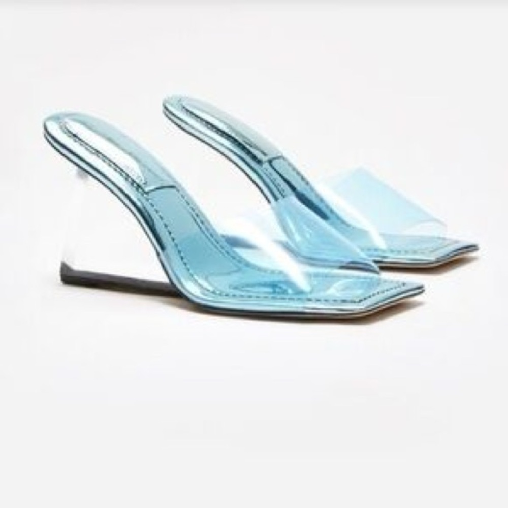 Good American Clear Light Blue PVC Mule Heels Size 9